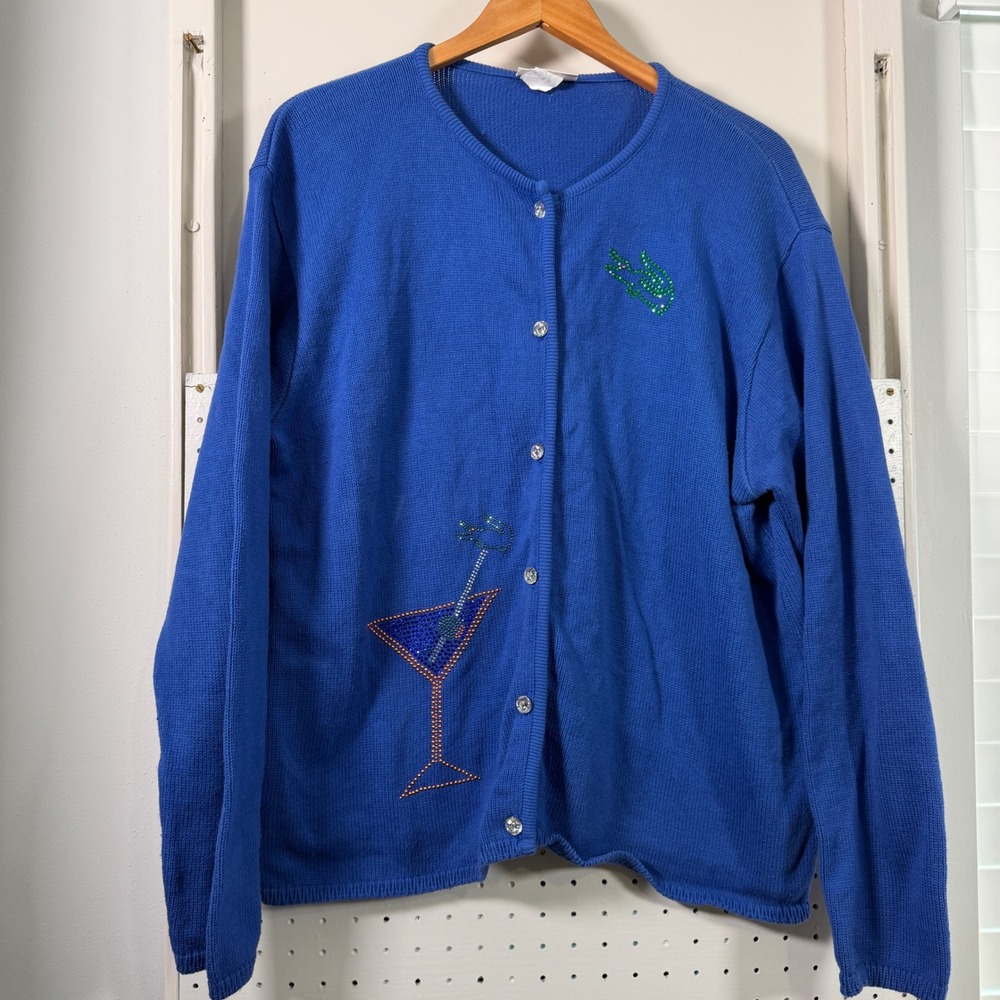 Tia Designs Florida Gator Rhinestone Alligator Martini Blue Cardigan XL USA vtg